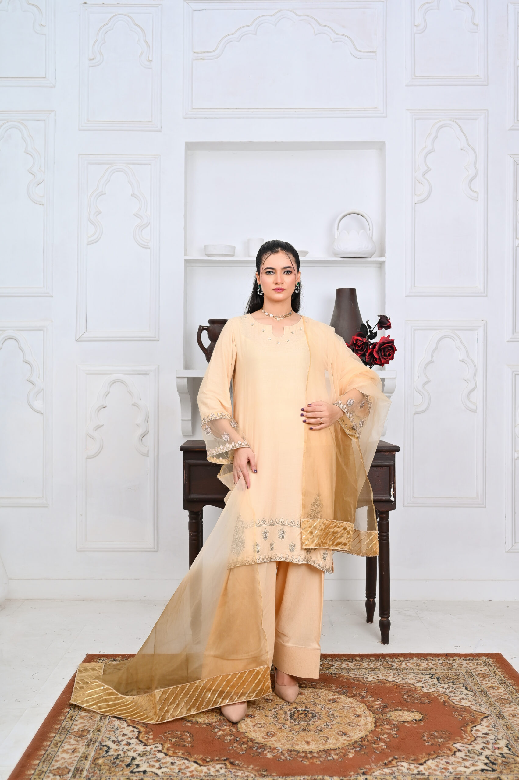 Stunning Beige Jacquard Linen Outfit - Image 2